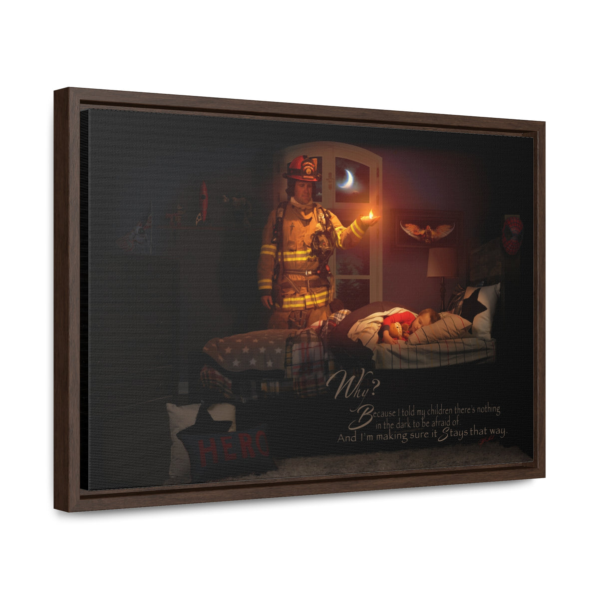 Keeping the Flame (Firefighter) with Boy - Framed Gallery Wrapped Canvas