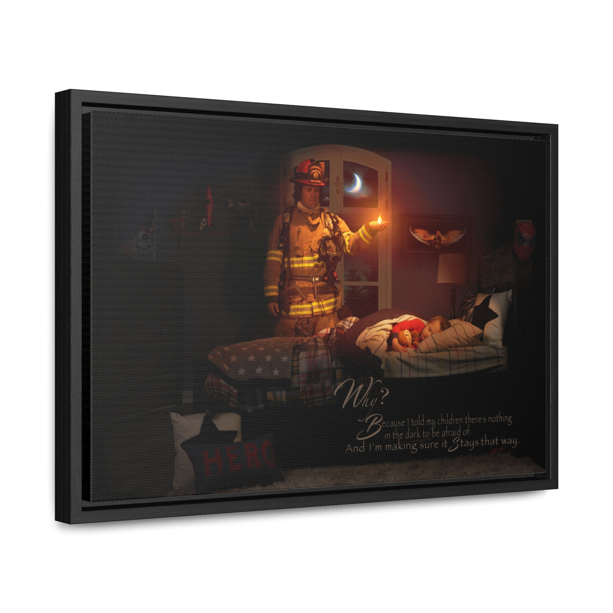 Keeping the Flame (Firefighter) with Boy - Framed Gallery Wrapped Canvas