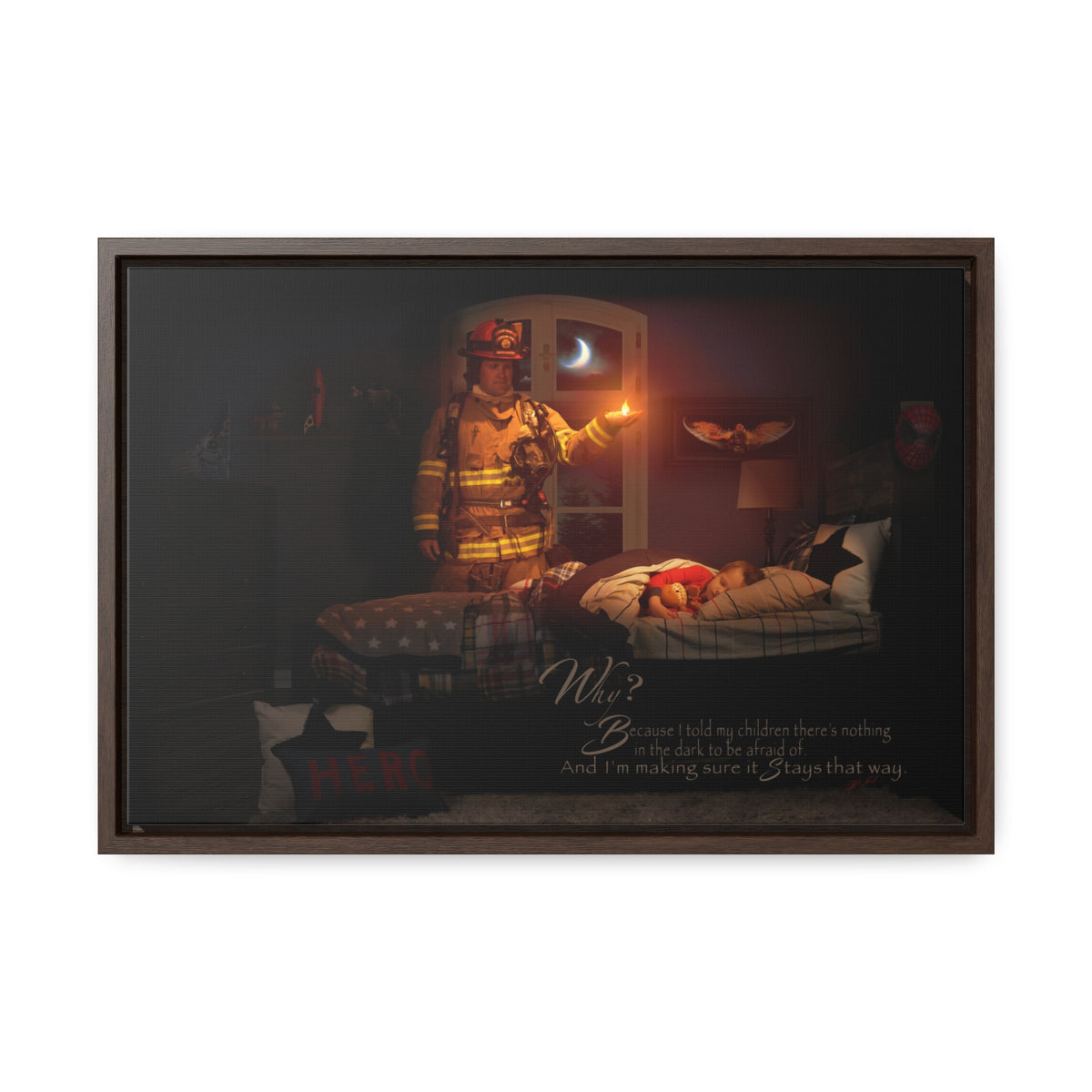 Keeping the Flame (Firefighter) with Boy - Framed Gallery Wrapped Canvas