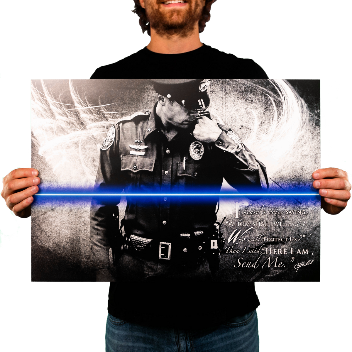 man holding police art print